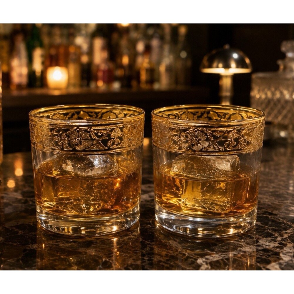 Vintage Italian Gold Encrusted Old Fashioned Rocks Glasses Set of 2 MCM